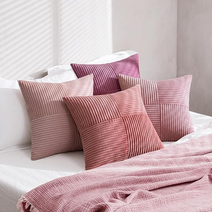 MIULEE Cute Pink Throw Pillow Covers 20x20 Inch Set of 4 Boho Farmhouse Cushion Cases Decorative Gradient Pillow Cases Corduroy Striped Home Decor for Couch Sofa Living Room Bed