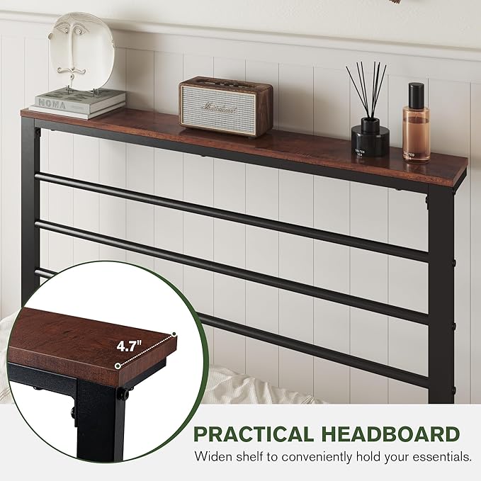 MUTICOR Heavy-Duty Twin Metal Platform Bed Frame with Shelf Headboard, No Box Spring Needed, Easy Assembly, Brown Shelf