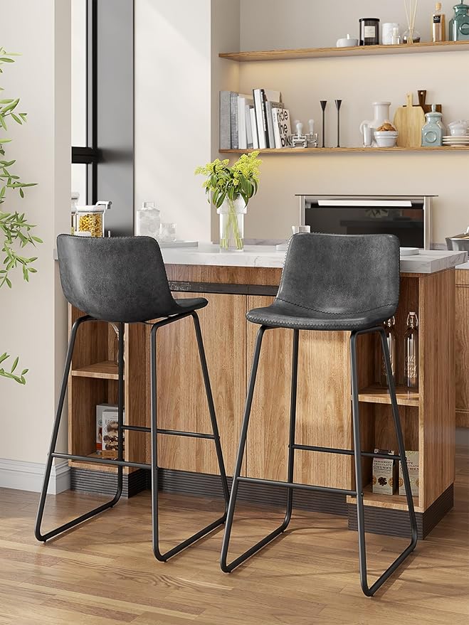 Bar Stools Set of 2, 30 Inches Counter Height Bar Stools with Back, Modern Faux Leather Barstools with Metal Legs and Footrest, Bar Chairs for Kitchens Island (Gray)