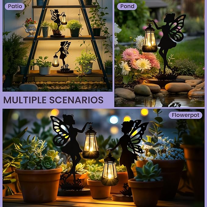 Solar Garden Statues Outdoor Decor, Fairy Garden Accessories, Housewarming Ornament Gift for Women Mom Grandma, Metal Decorative Figurine Light for Patio, Lawn, Yard, Pathway