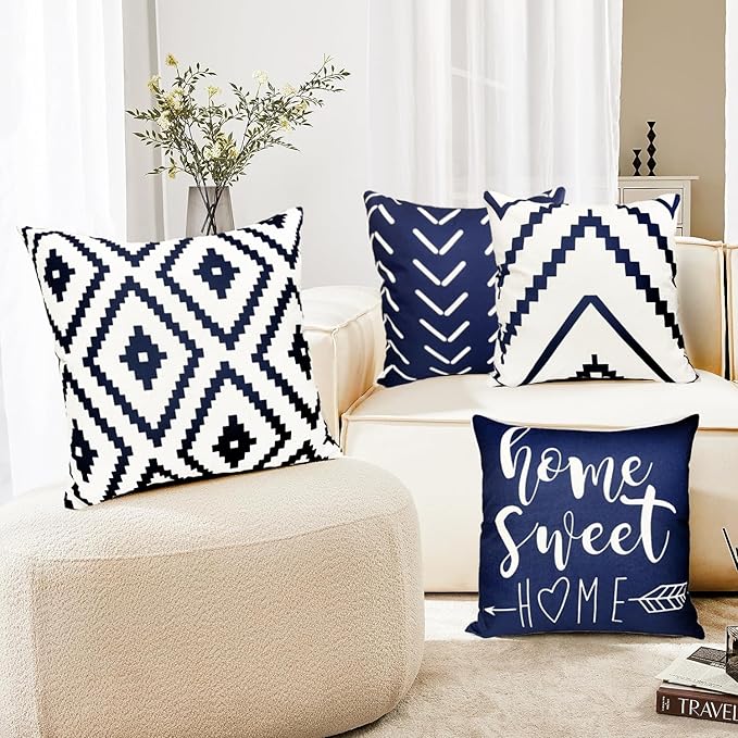 Decorative Throw Pillow Covers Set of 4 Blue Pillow Covers 16x16 inch Throw Pillow Cases Linen Square Pillow Case,Farmhouse Outdoor Modern Geometric Pillow Covers for Couch Sofa Living Room