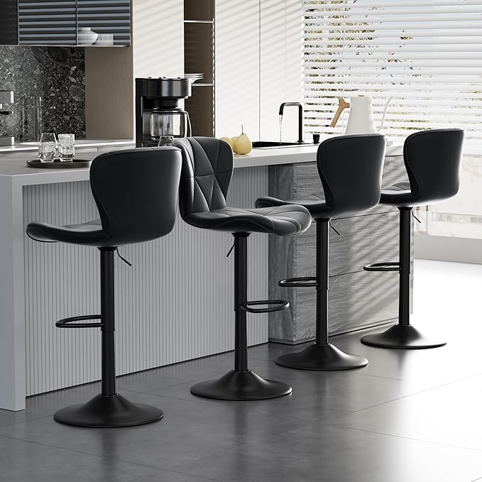 Bar Stools Set of 4,Adjustable Swivel Barstools, Faux Leather Bar Chairs,Upholstered Counter Height with High Backrest for Kitchen Island, Black