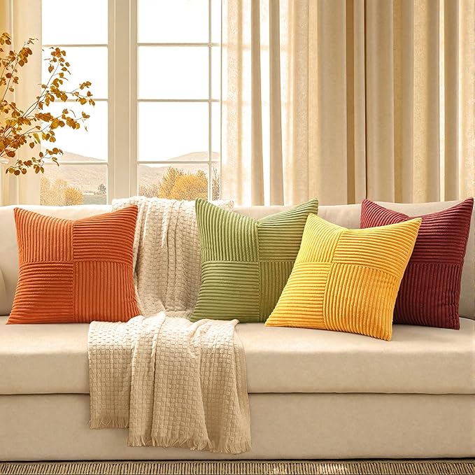 MIULEE Yellow Orange Rust Throw Pillow Covers 20x20 Inch 4 Packs Boho Farmhouse Decorative Color-Clash Pillow Cases Soft Cushion Cases for Couch Sofa Bed Corduroy Striped Fall Home Decor
