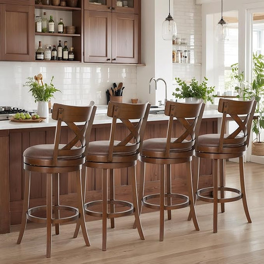 ALPHA HOME Swivel Bar Stools Set of 4, Kitchen Stools with Backs, 30 Inch Wooden Bar Stools, 360 Degrees Swivel Chair with Upholstered, Wrap-Around Footrest Counter Chair, Cappuccino