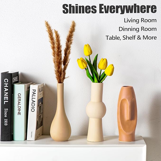 Ceramic Flower Vase Set of 3, Home Decor Vases for Centerpieces, Tulips Flowers Pampas Grass Decor, Boho Rustic Farmhouse Kitchen Bedroom Bathroom Living Room Office Wall Decor Aesthetic -Beige
