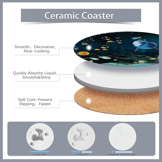 6 Pcs Coasters for Drinks with Holder,Underwater Fishes Sea Turtle Absorbent Coaster with Cork Backing,Great Gift for Housewarming,Room Decor,Bar,Holiday Party