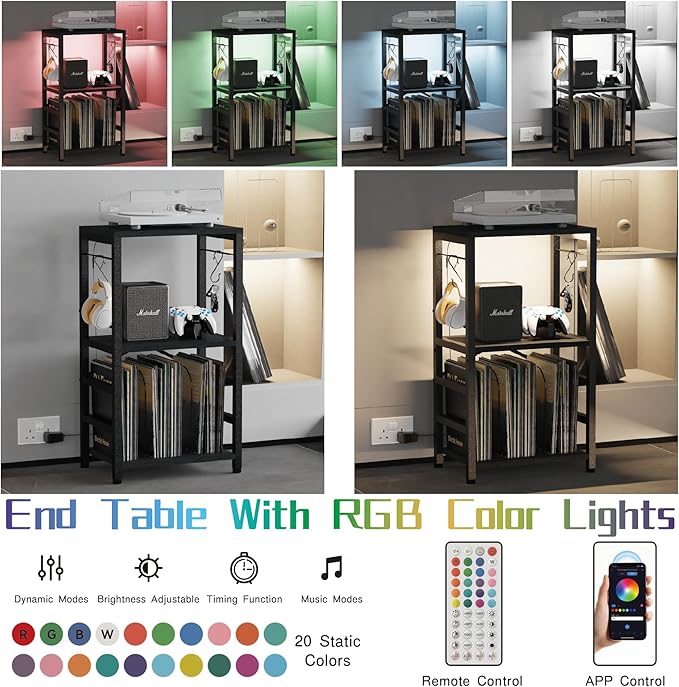 End Table with LED Light,Record Player Stand with Albums Storage,Vinyl Records Storage,Turntable Stand Side Table for Music Room Studio Living Room Bedroom-Modern Black