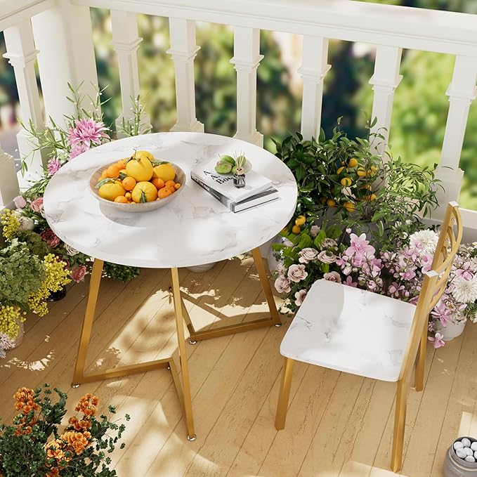 VECELO Round Dining Room Table with Wood Grain Tabletop and Steel Frame, for Kitchen, Living Room, Office, Conference, 2 to 4 Person, White & Gold