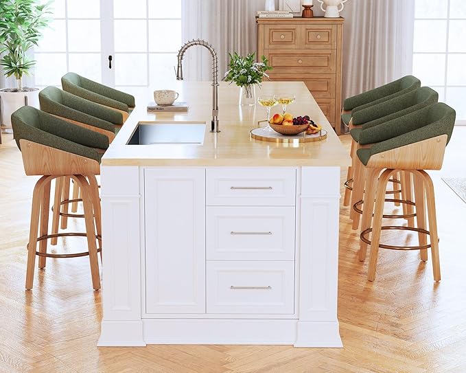 HNY 26 Inch Swivel Bar Stools with Back Set of 6, Green Linen Upholstered Counter Height Barstools with Solid Bentwood Frame, Round Footrest, Modern Barrel Counter Stools for Kitchen Island, Home Bar