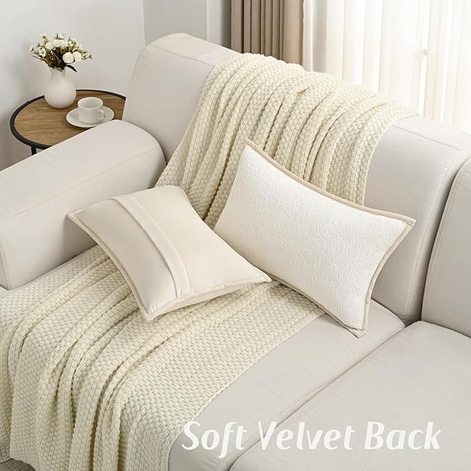 FUTEI Cream White Chenille Throw Pillow Covers 12x20 Inch Set of 2,Soft Cozy Bound Edge Design Lumbar Pillow Cases,Home Decor for Couch Bed Living Room