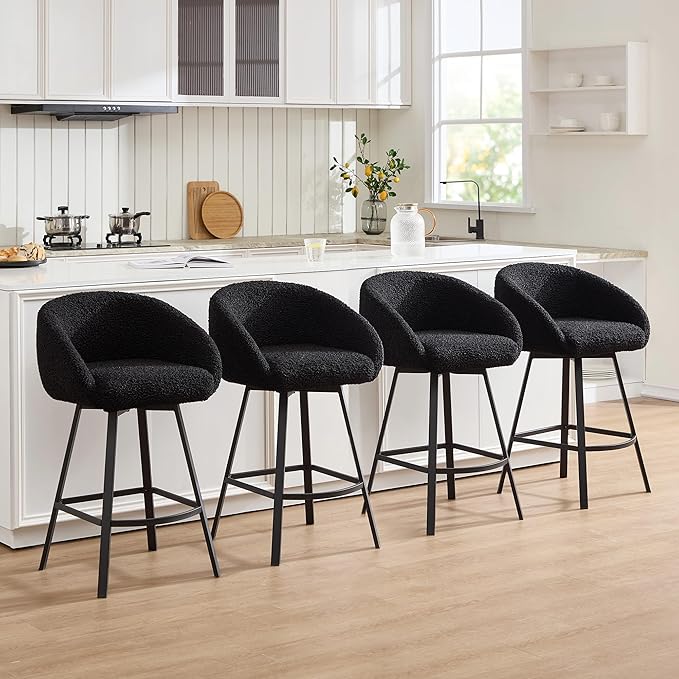 Zesthouse Swivel Counter Height Stools Set of 4, Modern Barrel Bar Stools for Kitchen Island, 26'' Black Sherpa Kitchen Counter Height Chairs with Barrel Arms & Back, Upholstered Fabric Bar Chairs