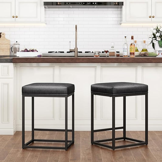 PHI VILLA Bar Stools Set of 2 - Thick Cushion Bar Chairs Metal Steel Frame Base with Footrest, Counter Height 24'' Bar stools