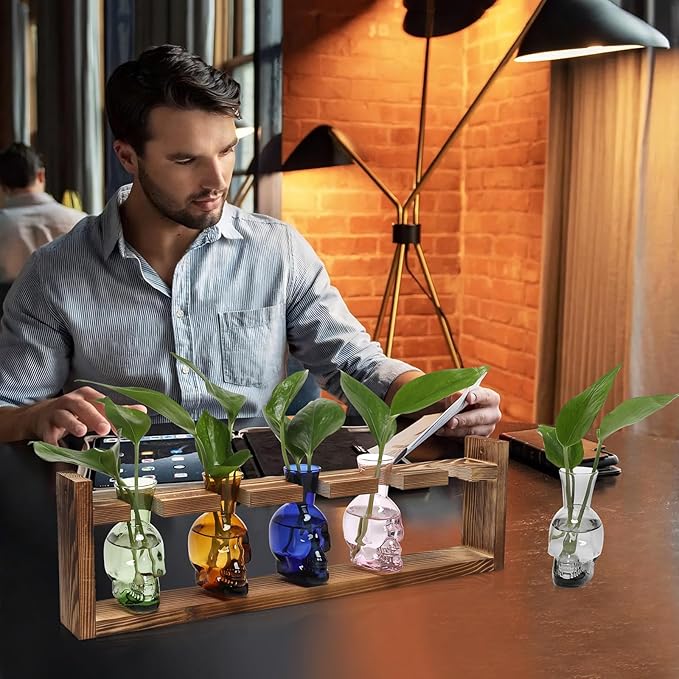 Plant Terrarium Propagation Stations Halloween Skull Planter Vase Skulls Decor with Wooden Stand Gife for Father - 5 Vases