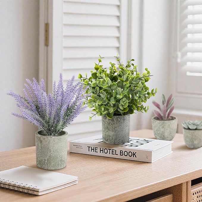 ALAGIRLS 4 Packs Fake Plants Small Artificial Plants for Shelf Lavender Flowers Eucalyptus Succulents Plants Potted Faux Plants for Home Indoor Office Bathroom Living Room Decor