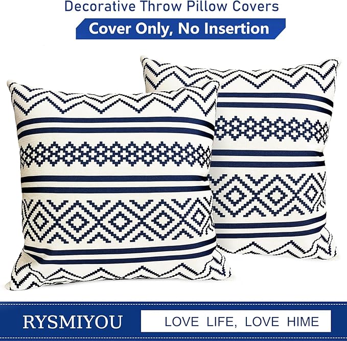Decorative Throw Pillow Covers Set of 2 Blue Boho Pillow Covers 22x22 Inch Throw Pillow Cover Linen Pillowcase Modern Farmhouse Outdoor Pillow Covers for Couch Sofa Bed Living Room