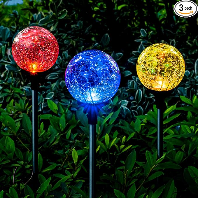 SOLPEX Solar Garden Lights Outdoor 3 Pack, Solar Globe Lights Outdoor Waterproof Decorative for Yard, Multi-Color Changing Garden Spheres Large Waterproof, Cracked Glass Ball LED Lights