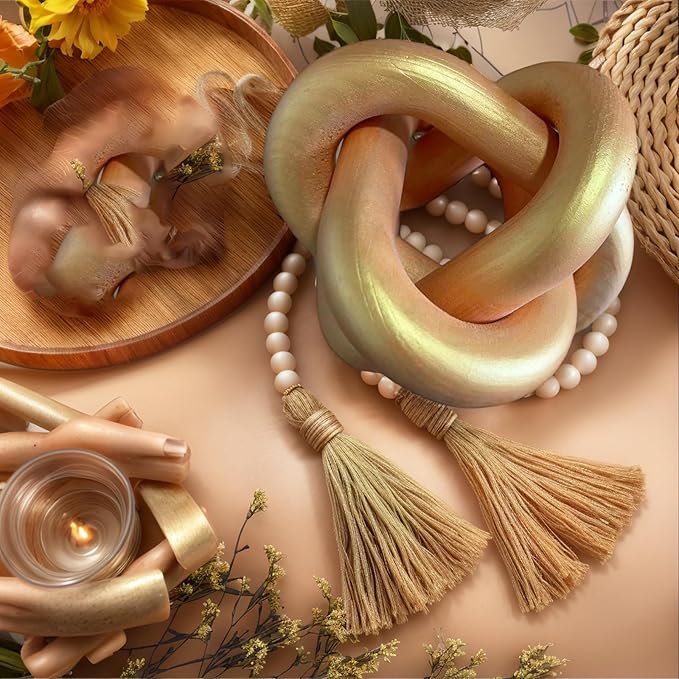 Wood Knot Decor -Coffee Table Decor Shelf Decor Table Books Hand Carved Home Decoration Boho Country Rustic Modern Shabby Chic Style 3 Link Wooden Knot Chain Link Decor (Gold)