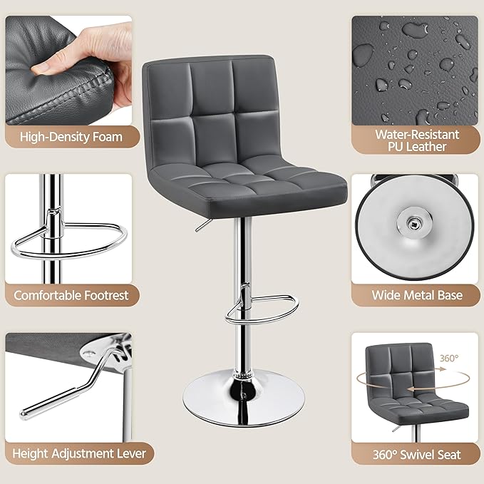 Yaheetech Bar Stools Set of 4, Adjustable Swivel Barstools with High Backrest, PU Leather Kitchen Island Chairs, Thickened Seat Cushion Counter Height Barstools, Grey