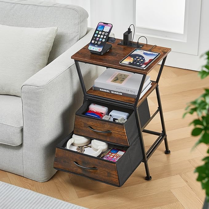Nightstand with Charging Station, Side Tables for Bedroom with Built-in USB Side Table with 2 USB Ports and Outlets Nightstand with Cloth Drawer End Tables Living Room Sofa Couch