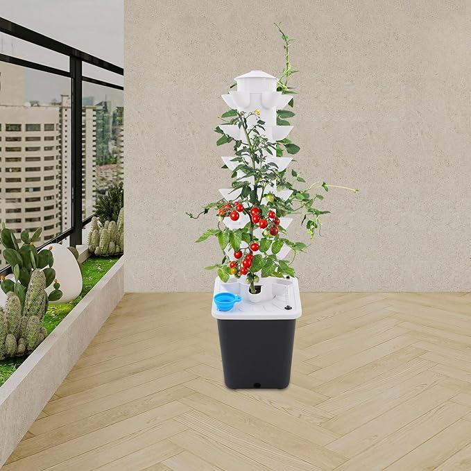 7-Tier Hydroponic Growing Tower, 35-Plant Indoor Gardening System w/Automatic Water Circulation, Vertical Aeroponic Tower Garden for Herbs, Vegetables, Fruits (Grey, 35-Plants)