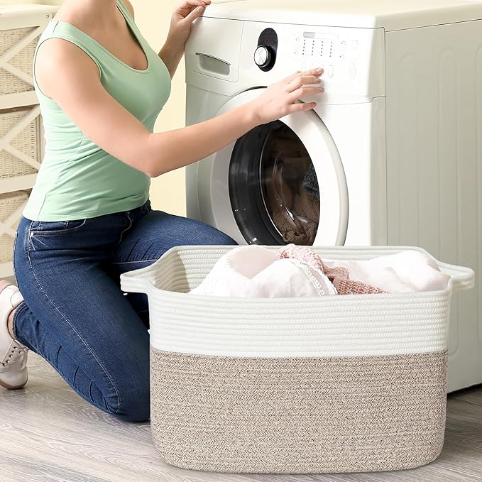 Large Blanket Basket, 60 L Rectangle Storage Baskets for Organizing, Woven Laundry Basket for Blankets, Cotton rope Blanket Storage for Living Room, Nursery Room, Brown