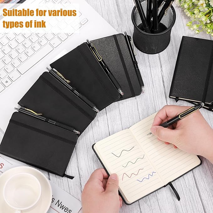 Aodaer 50 Sets Pocket Notebook Journal with Pens, 160 Pages, 3.5 x 5.5 Inch Mini Lined Journal Notebook A6 Leather Hardcover College Ruled Notepad with Pen Holder for School Office Gifts, Black