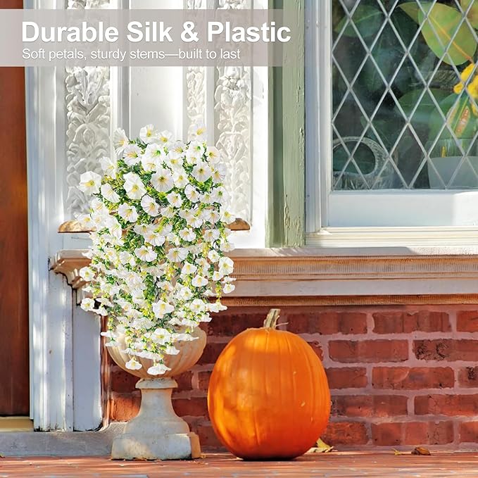 Artificial Flowers for Outdoors Decoration, 4Pcs Fake Hanging Flowers Morning Glory UV & Fading Resistant, Artificial Faux Plants Deocr for Home Porch Patio Balcony Planter Yard Garden Farmhouse