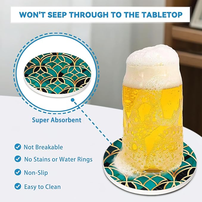 Green Marble Coasters Set of 4, Round Absorbent Ceramic Cup Mat with Cork Base, Cute Coasters for Table Home Decor, Ideal Gifts for Women Men