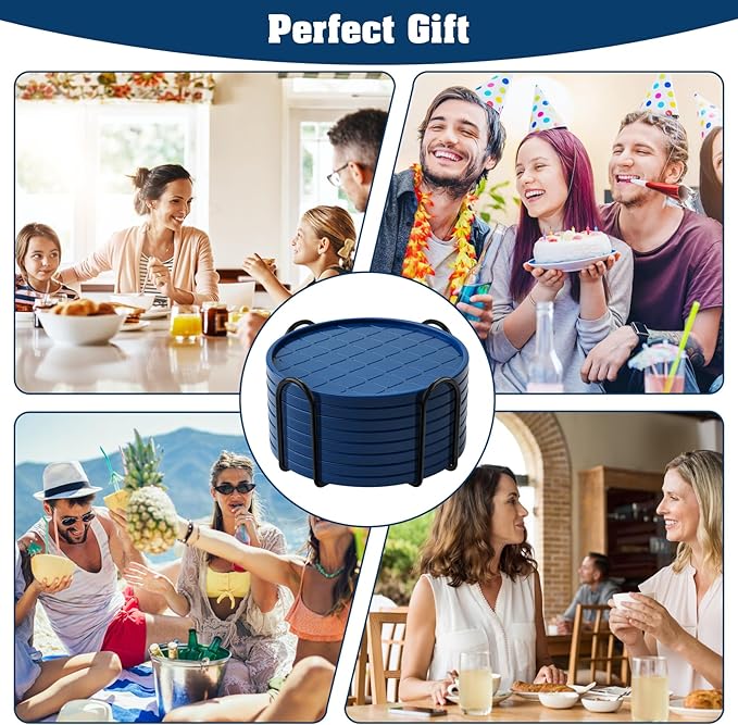 Coasters Set of 6,Hot or Cold Drink Coasters with Holder,Modern Style Coffee Table Coaster,Suitable for Kinds Cups Beer,Drink,Anti-Overflow Tabletop Protection(Navy Blue, 6pcs)
