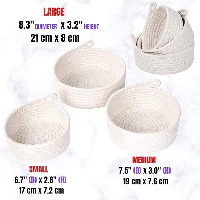 MINTWOOD Design Set of 3 Cotton Rope Nesting Bowls, Small Catch All Basket, Cute Closet Baskets and Bins for Shelves, Mini Table Basket Organizer for Small Accessories