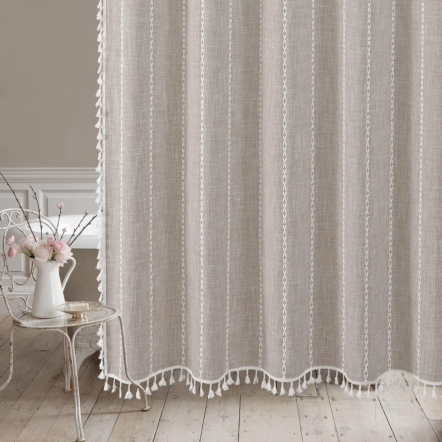 MitoVilla Boho Farmhouse Fabric Shower Curtain, Tan Brown Modern Polyester Linen Shower Curtains for Vintage Rustic Bathroom Decor, Country Tassel Thick Cloth Shower Curtain, Taupe, 72 x 72