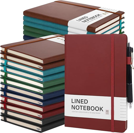 Aodaer 30 Set Lined Notebook Journals with Pens A5 Notebooks 100 GSM College Ruled Hardcover Notebook PU Leather Notepad with Pen Holder for Office School, 5.7 x 8.3 Inches, Deep Multicolor
