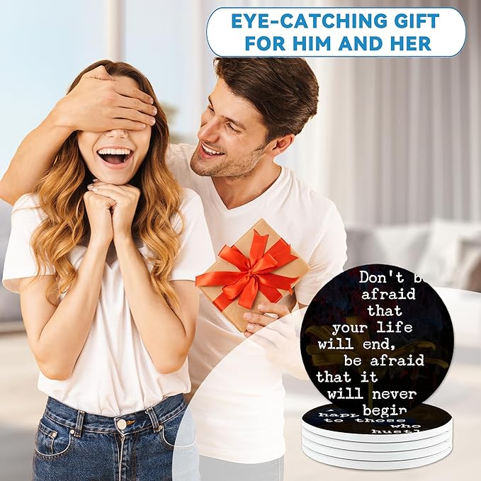 Drinks Coasters Set of 4, Inspirational Positive Quotes Round 4" Cup Coasters, Absorbent Ceramic Stone Coasters with Cork Base, Cute Coasters for Table Home Décor, Ideal Gifts for Women Men