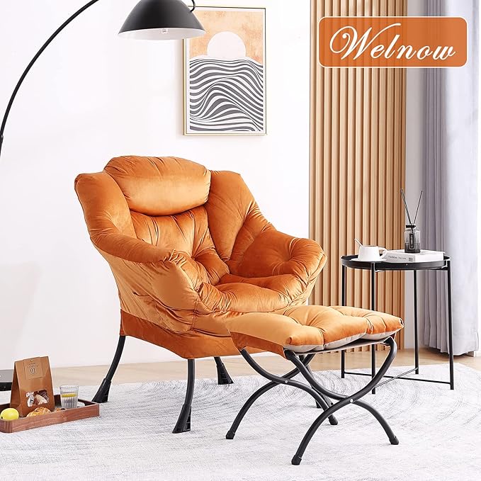 Welnow Lazy Chair with Ottoman, Modern Lounge Accent Chair with Armrests and a Side Pocket, Leisure Sofa Armchair, Reading Armchair with Footrest for Small Space, Corner Chair