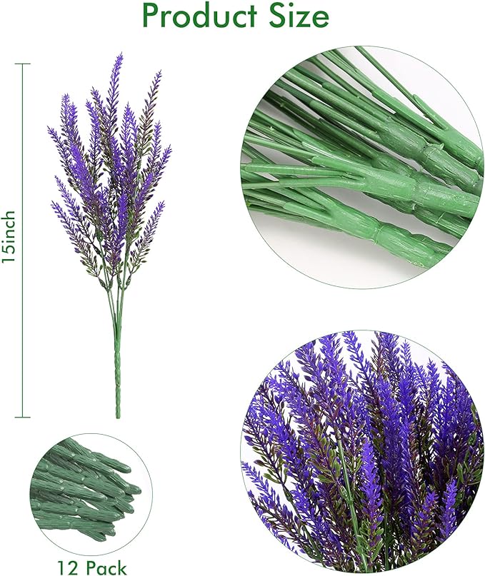 Artificial Lavender Flowers 12 Bundles Outdoor UV Resistant Fake Flowers No Fade Faux Plastic Plants Garden Porch Window Box Decorating (Purple)