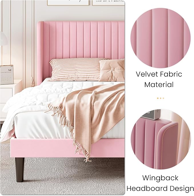 SHA CERLIN King Size Velvet Bed Frame with Vertical Channel Tufted Wingback Headboard, Upholstered Platform Bed with Wood Slats, No Box Spring Needed, Easy Assembly, Pink