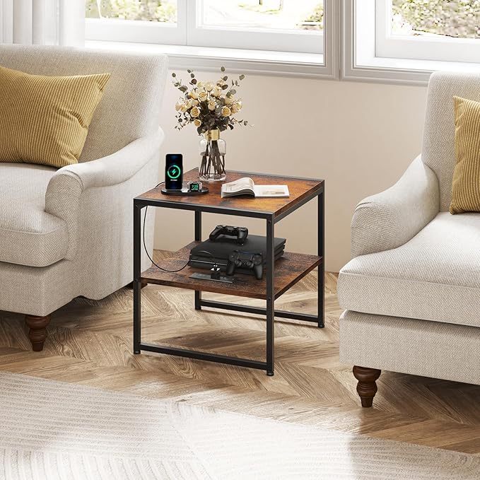 Tatub 20" End Table with Charging Station, Industrial Square Side Table with USB Ports & Outlets, Versatile 2-Tier Small Nightstand for Bedroom Living Room, Rustic Brown