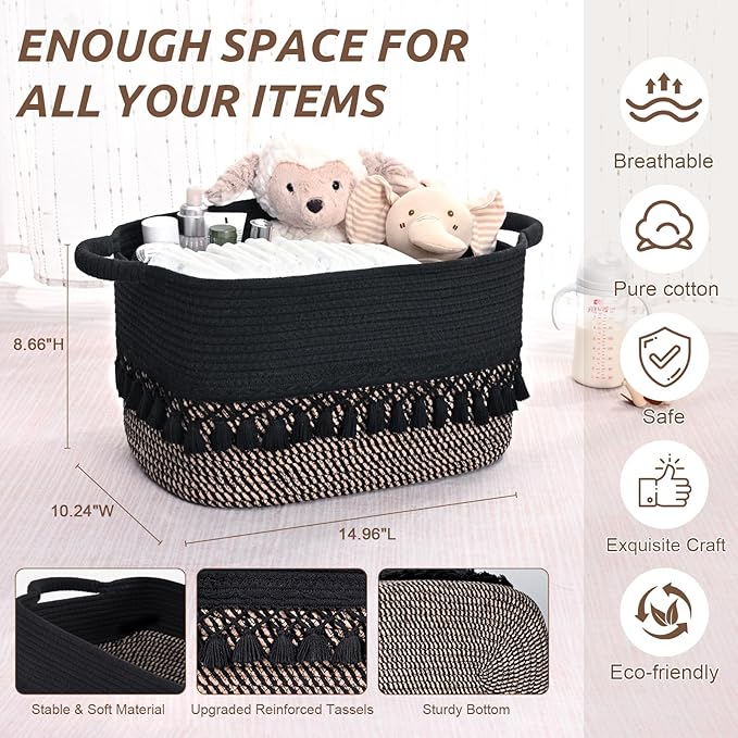 3 Pack Storage Basket for Shelves, Boho Cotton Rope Storage Bins with Heavy Tassel, Shelf Baskets Large Woven Baskets for Organizing, Cube Organizer Bins, Baby Laundry Basket for Clothes, Toys, Pets