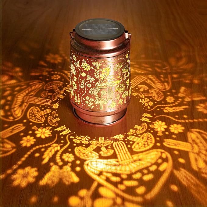 Homemory Solar Lanterns Mushroom Lights Outdoor Waterproof Garden Decor Women Gifts for Birthday, LED Hanging Solar Lights Metal Lantern Decoration Outside for Yard, Patio, Backyard, Porch, Lawn