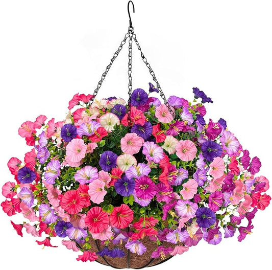 Artificial Hanging Faux Flowers Basket, Fake Silk Petunias Plants Arrangement,for Spring Summer Outdoor Decoration,UV Resistant, Morning Glorias,for Home Garden Decor (PinkPurple)