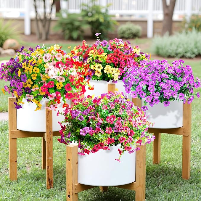 Artificial Flowers for Outdoors,Faux Flowers Daisy with Eucalyptus Leaves for Indoor Garden Home Decoration,UV Resistant Artificial Flower Fake Plants for Porch Patio, 12 Bundles (Purple Pink)