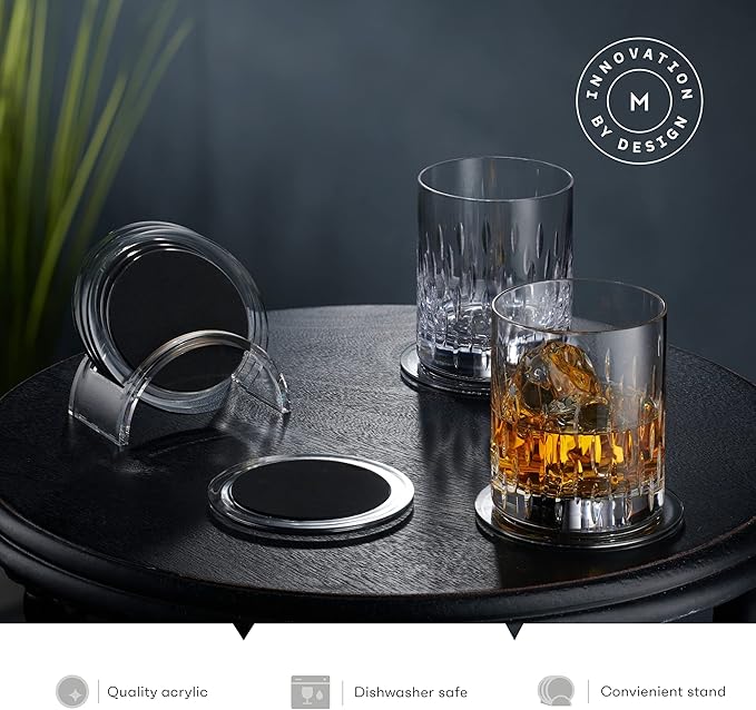 Acrylic Drink Coasters Set of 6 | Premium Stylish Black 4 Inch Coaster Set for Tabletop, Coffee Table Protection | Coasters Will Not Scratch Your Wood Tables or Stick to Glass | Home Decor Accent