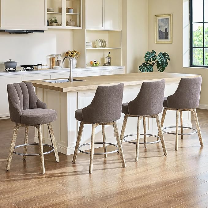 Counter Height Bar Stools,Swivel Bar Stools with Backs,Barstools Set of 4,26'' Solid Wood Legs,Thick Seat Upholstered Linen Fabric Counter Height Stools in Grey