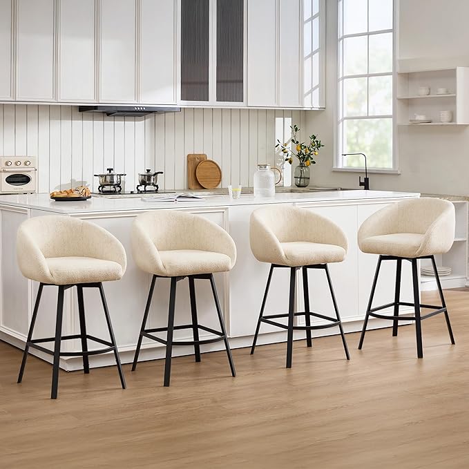 Zesthouse Swivel Counter Height Stools Set of 4, Modern Barrel Bar Stools for Kitchen Island, 26" Upholstered Kitchen Counter Height Barstools with Barrel Arms & Back, Beige Linen Fabric Bar Chairs