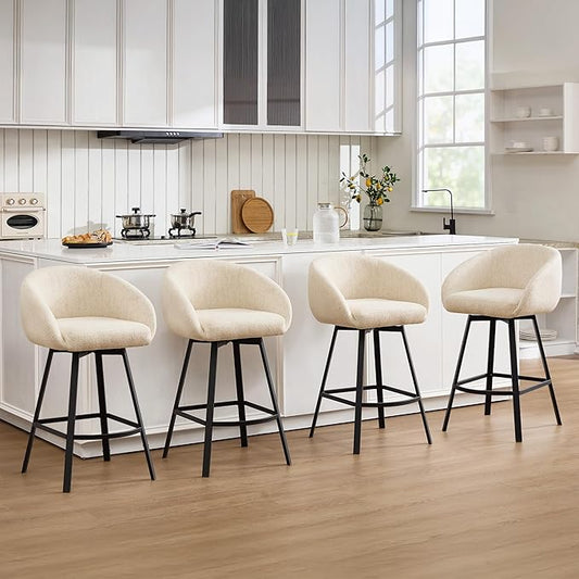 Zesthouse Swivel Counter Height Stools Set of 4, Modern Barrel Bar Stools for Kitchen Island, 26" Upholstered Kitchen Counter Height Barstools with Barrel Arms & Back, Beige Linen Fabric Bar Chairs