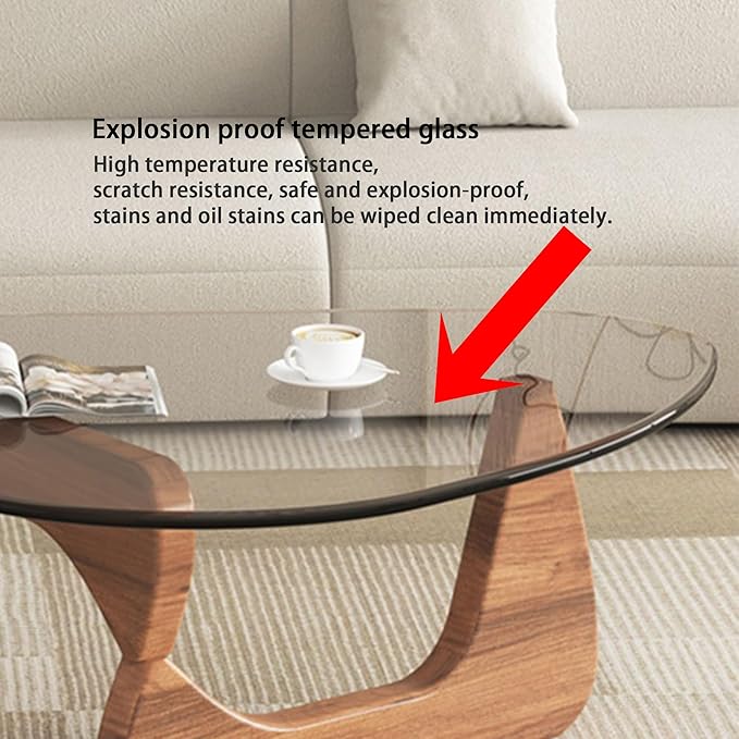 EASYSOUL Modern Glass Coffee Table, 44.88" D x 32.28" W x 15.75" H, Abstract Round Tea Tables for Living Room Home Office Industrial Cocktail Tables (Walnut-Clear Glass, 44.88")