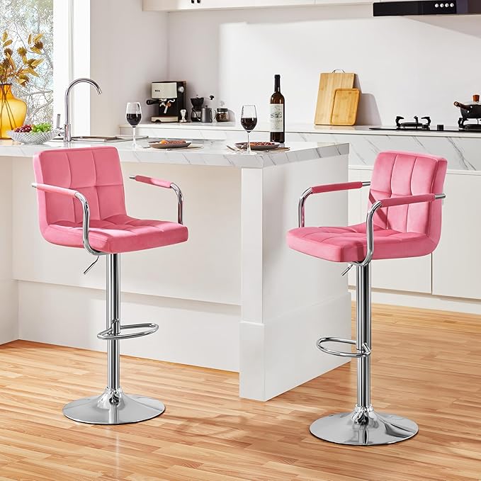 Yaheetech Bar Stools Set of 2, Adjustable Velvet Fabric Swivel Barstools, Modern Counter Stools with Back and Footrest, Counter Height Barstools for Bar, Kitchen, Dining Room, Pink