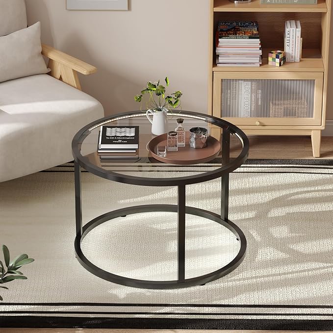 Glass Coffee Table Modern Center Table,Minimalist Round Coffee Tea Table with LED Lights,Simple Tea Cocktail Modern Center Tables for Home, Office, Bedroom,Black