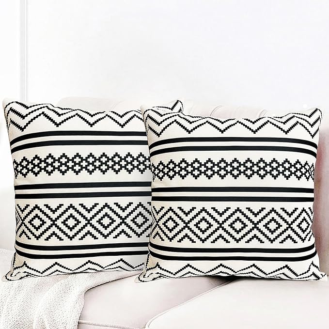 Decorative Throw Pillow Covers Set of 2 Black Boho Pillow Covers 16x16 Inch Throw Pillow Cover Linen Pillowcase Modern Boho Farmhouse Outdoor Pillow Covers for Couch Sofa Bed Living Room