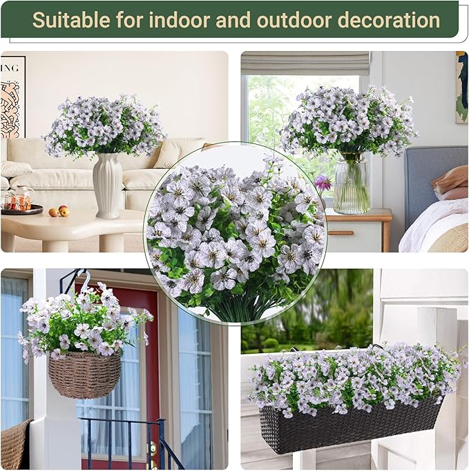 24 Bundles Artificial Flowers for Outdoors & Indoors – UV Resistant Faux Plastic Plants for Garden, Patio, Porch, Window Box, Home Decor – Lush & Vibrant Fake Flowers, White